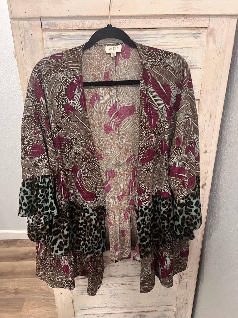 Umgee Taupe Kimono with Plum Floral and Leopard Trim